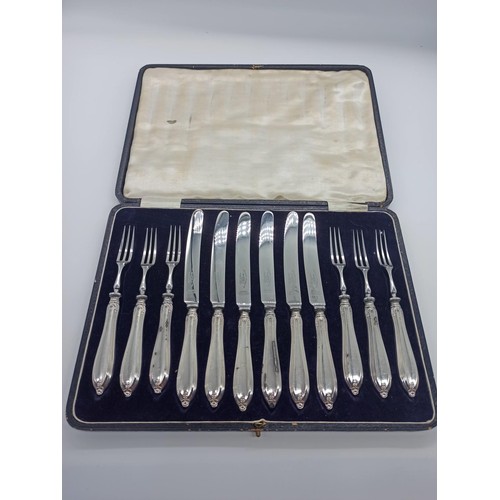 44a - Hallmarked Silver Handled Dessert Fruit Knife and Fork Set Sheffield 1923