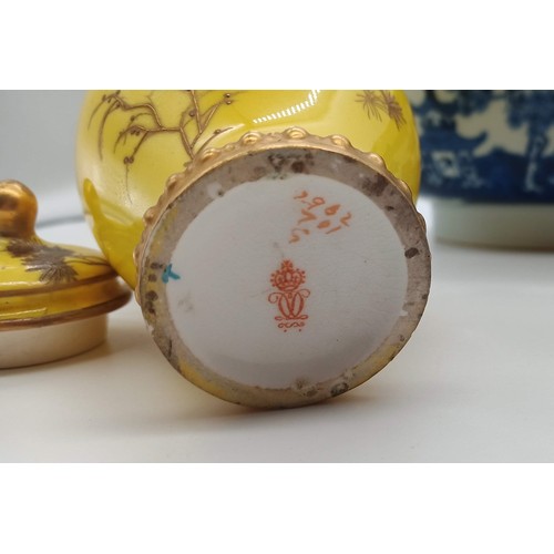 196 - A mixed lot of Chinese themed porcelain including a pair of Yellow 1877-1890 Royal Crown Derby lidde... 