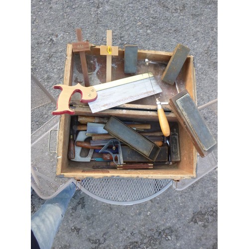 613 - Wooden Box with Tools,  Saws and Boxed Sharpening Stones etc.