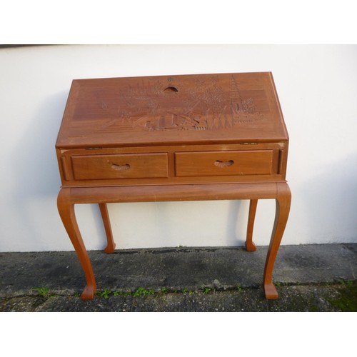 618 - Contemporary Chinese Carved Wood Bureau with  2 x Drawers on Removable Base 1003 x 92 x 46 (approx)