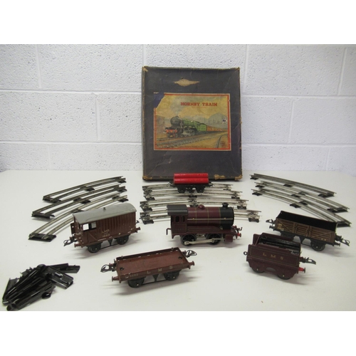 3 - Hornby Clockwork Train Set No.601 Goods Set in Good Working Order and additional Goods Cart (No Key)