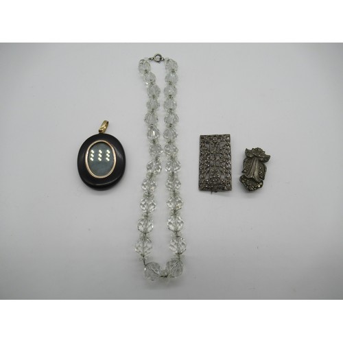 59 - An Edwardian .935 Silver (Higher % Silver than .925) Marcasite Broach, Vintage locket, crystal neckl... 