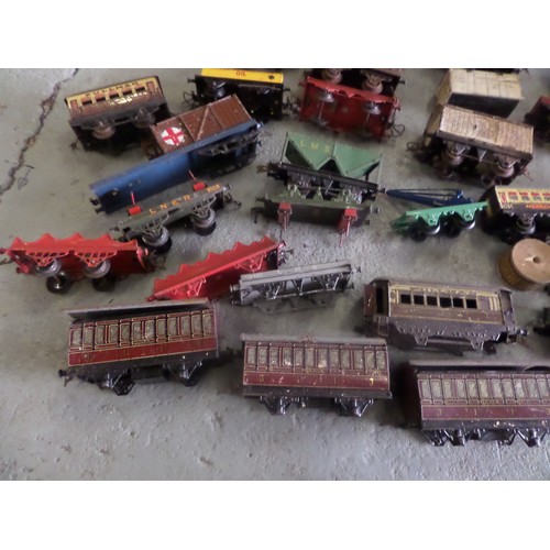 429 - A Large box of Vintage Tin plate Railway carriages, Scenery, Signels, Connectors and Keys etc