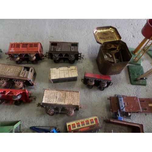 429 - A Large box of Vintage Tin plate Railway carriages, Scenery, Signels, Connectors and Keys etc