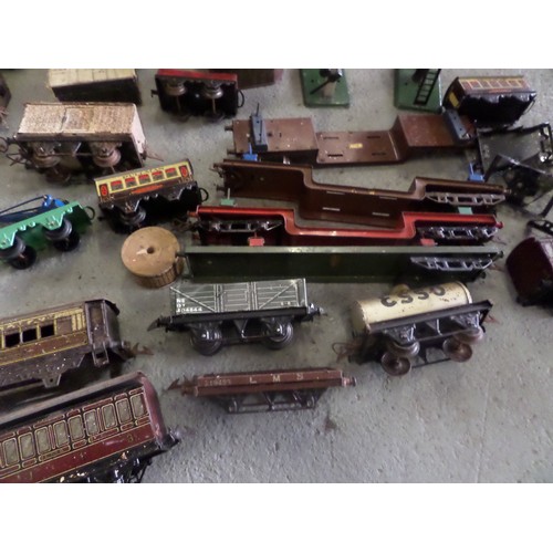 429 - A Large box of Vintage Tin plate Railway carriages, Scenery, Signels, Connectors and Keys etc