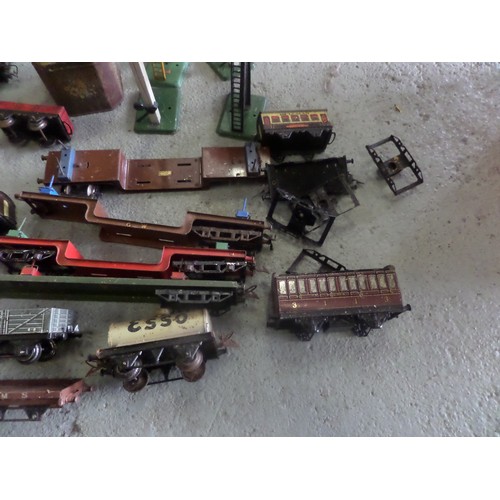 429 - A Large box of Vintage Tin plate Railway carriages, Scenery, Signels, Connectors and Keys etc