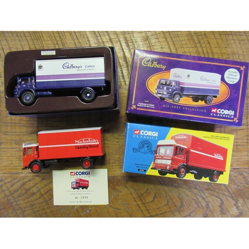 569 - 2 x Corgi Classic Lorries, Cadbury's Cakes, Bedford KM18701 ( no cargo doc) and Mackintosh's AEC Tru... 