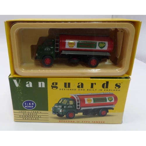 585 - Vanguard Models x 6,  1:64  - Shell BP VA7001 Bedford 'S' Type Tanker, VA20000 Power Petrol Leyland ... 