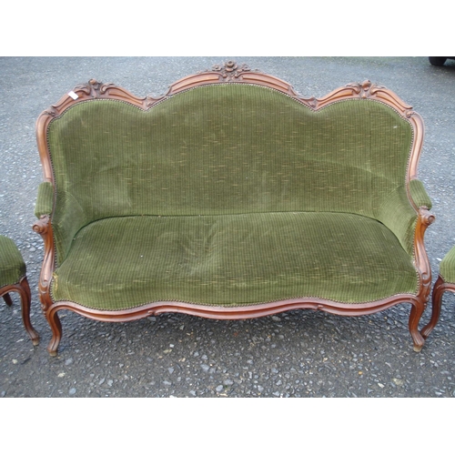 20 - Antique Louis 14th Style 3 Seat Sofa and 4x Matching Green Velvet Upholstered Salon Set  ( wear and ... 