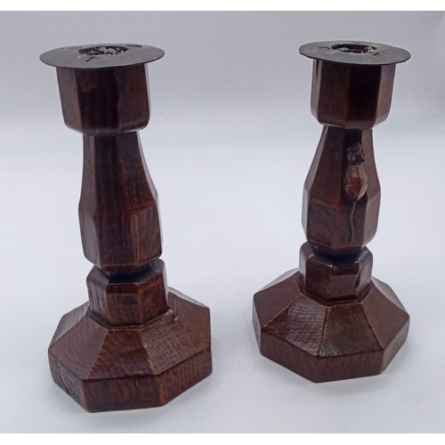 2 - A Pair of Robert 'Mouseman' Thompson Oak Candlesticks Given by Robert Thompson to his Housekeeper Al... 