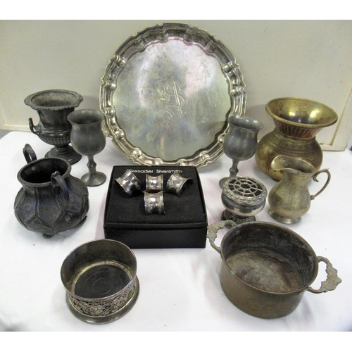 93 - Silver Plated Monogrammed Salver, SP Napkin Rings and Assorted Pewter, Brass and Plateware