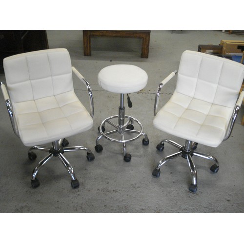 108 - 2 x Leatherette Cream and Chrome Swivel Office Chairs and Matching Swivel High Stool
