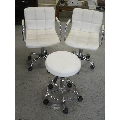 108 - 2 x Leatherette Cream and Chrome Swivel Office Chairs and Matching Swivel High Stool