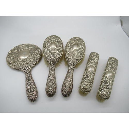 111 - Hallmarked Silver Dressing Table Set of Brushes and Mirror with Viking Themed Motifs
