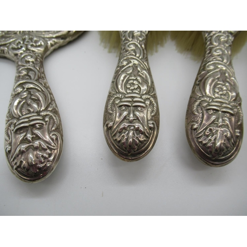 111 - Hallmarked Silver Dressing Table Set of Brushes and Mirror with Viking Themed Motifs