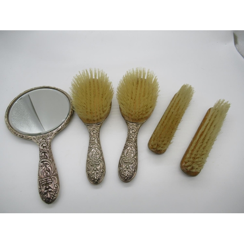 111 - Hallmarked Silver Dressing Table Set of Brushes and Mirror with Viking Themed Motifs