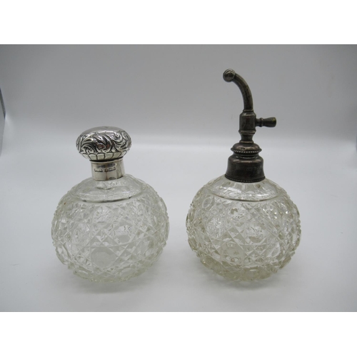 111b - A Cut Glass and Silver Topped Scent and Atomiser Set ( Missing Pump)