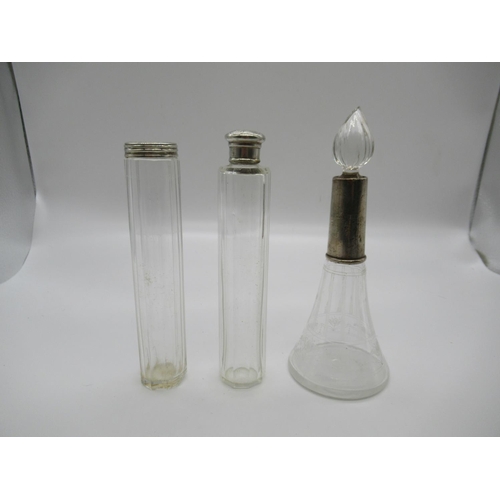 111c - 3 x Cut Glass Victorian Scent Bottles with Silver Tops/ Collars