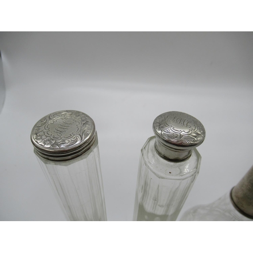 111c - 3 x Cut Glass Victorian Scent Bottles with Silver Tops/ Collars