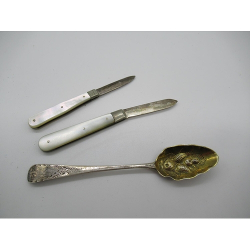 113d - 2 x Silver Handled and Mother of Pearl Handled Pocket Knives and a Hallmarked Silver Fruit Spoon