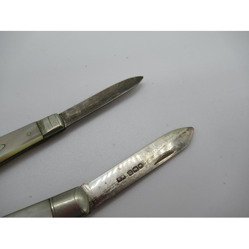 113d - 2 x Silver Handled and Mother of Pearl Handled Pocket Knives and a Hallmarked Silver Fruit Spoon