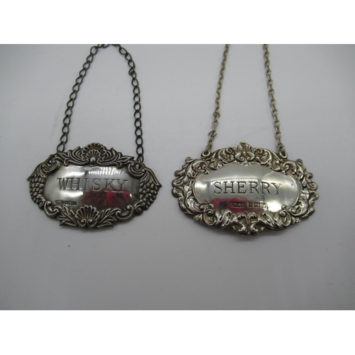 94 - 2 x Hallmarked Silver Decanter Labels Whiskey and Sherry 22grms