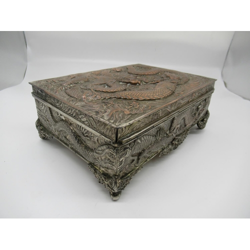 7c - A Silver Plated Chinese Dragon Intricate Wood Lined Box