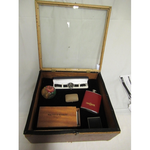 43 - A Small Display Case 38 x 38 x 17cm and Contents Including Watch, Drambuie Flask etc.