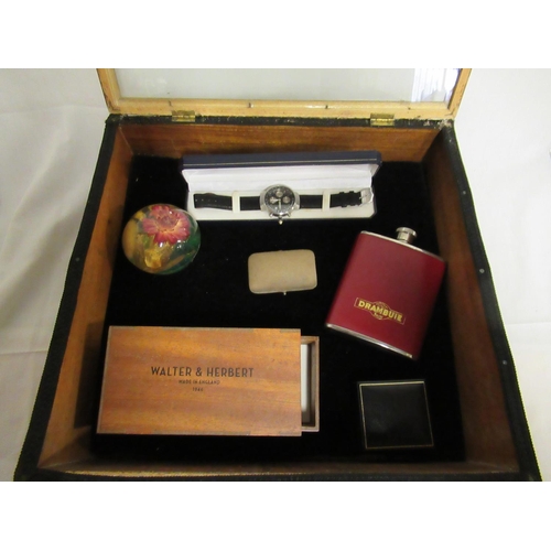 43 - A Small Display Case 38 x 38 x 17cm and Contents Including Watch, Drambuie Flask etc.