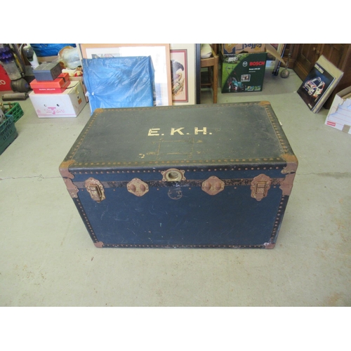 53 - A Large Blue Steamer Trunk with Initials EKH and Inner Shelf 91cm L x 54 D ( Missing 1 Handle)