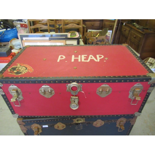 54 - A Large Red Steamer Trunk Stamped with Initials P.Heap 91 x 51 x 35cm