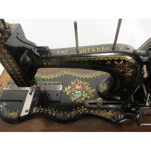 80 - An Antique Hand Crank Wertheim A Superba Sewing Machine in Original Inlaid Case with Box of Accessor... 