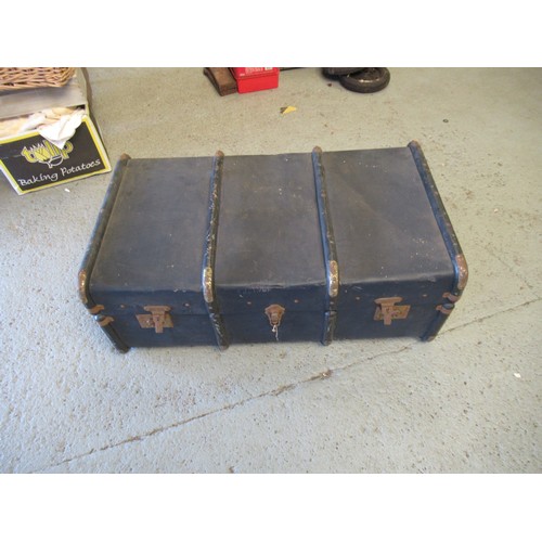 52 - A Large Blue Paragon Steamer Trunk with Inner Shelf Stamped EKB ( missing handle)