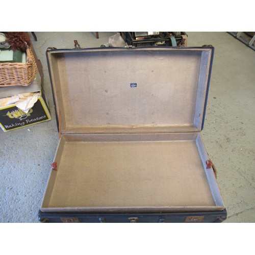 52 - A Large Blue Paragon Steamer Trunk with Inner Shelf Stamped EKB ( missing handle)