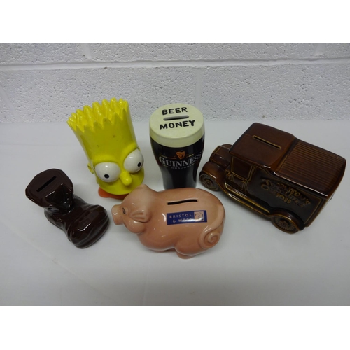 689 - 3 x Pottery Moneyboxes- Bart Simpson, Thorntons,  Bristol & West and Guinness