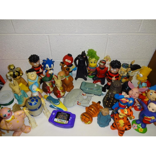 690 - A Large Box of Plastic Figurines and Novelty Bubble Bath Container - Star Trek, Batman, Dalek, Noddy... 