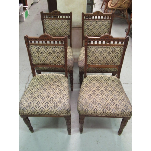 814 - 4 x Carved Oak Edwardian Chairs with Sprung Seats and Fleur De Lys Fabric Upholstery