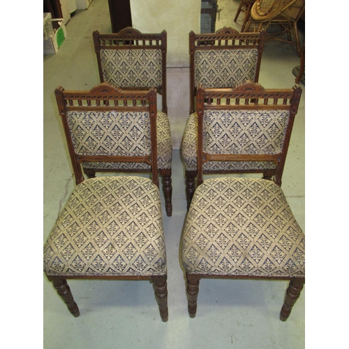 814 - 4 x Carved Oak Edwardian Chairs with Sprung Seats and Fleur De Lys Fabric Upholstery