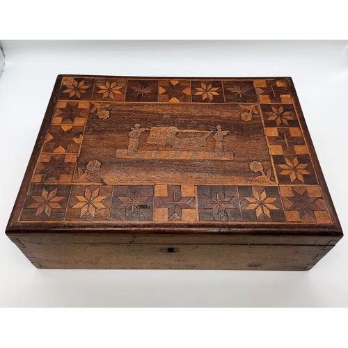 64A - A Parquetry Jewellery/Work Box with a scene depicting a Pallanquin and bearers