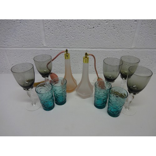 836 - 2 x Rose Coloured Scent Bottles and Coloured Glassware