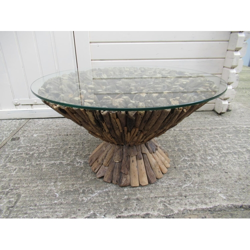 60 - A Glass Topped Circular Drift Wood Coffee Table 75 x 41cm