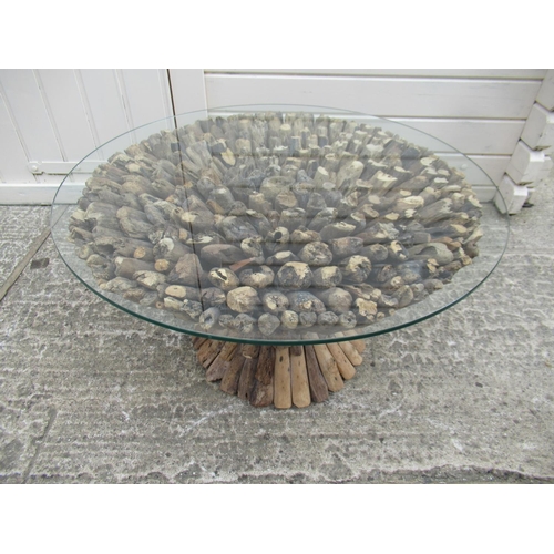 60 - A Glass Topped Circular Drift Wood Coffee Table 75 x 41cm