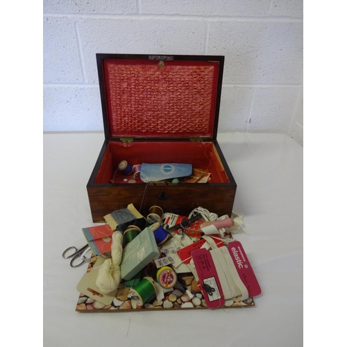 75 - A Brass Inlaid Sewing Box and Contents