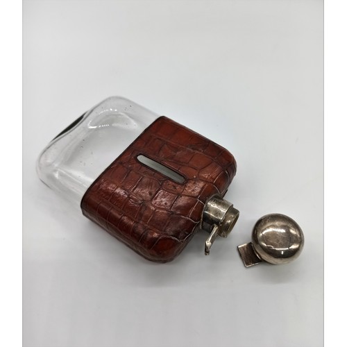 26A - An early 20th Century Silver and leather topped Spirits Hip Flask - N.B. Hinge to top broken
