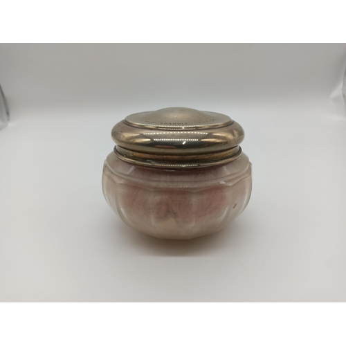 11 - A Ladies Powder Jar with Hallmarked Silver Lid Inscribed M.B.M From Grannie 2.7.28