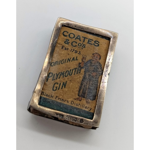 13 - A Hall Marked Silver Plymouth Gin Matchbox embossed with a Bishops Throne with 