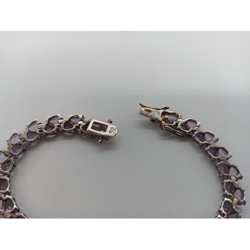 53 - Hallmarked Silver and Amethyst Bracelet 20cm 19.3 Grams