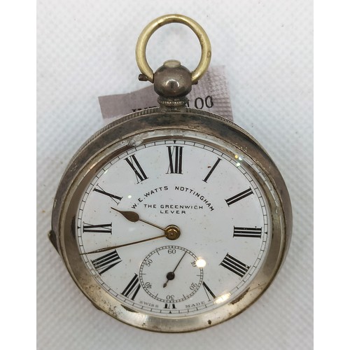 8D - A Silver W E Watts Greenwich Lever Pocket Watch with key and a ladies Silver Swiss 15 Jewell Wristwa... 