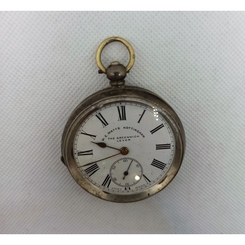 8D - A Silver W E Watts Greenwich Lever Pocket Watch with key and a ladies Silver Swiss 15 Jewell Wristwa... 