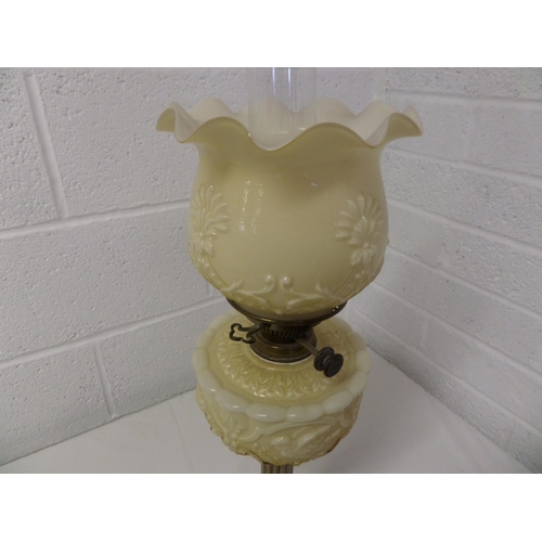 67 - Large Ornate Brass Oil Lamp with Cream Glass Shade 71cm High